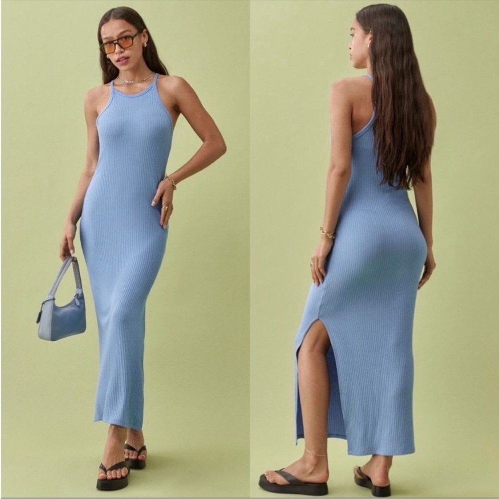 Reformation Blue Jael Ribbed Sleeveless Maxi Dress XL